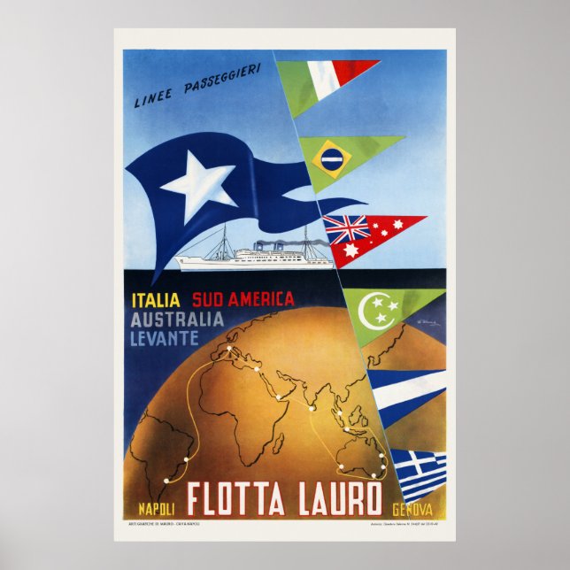 Póster Afiche de época de Flotta Lauro Napoli Genova Ital (Frente)