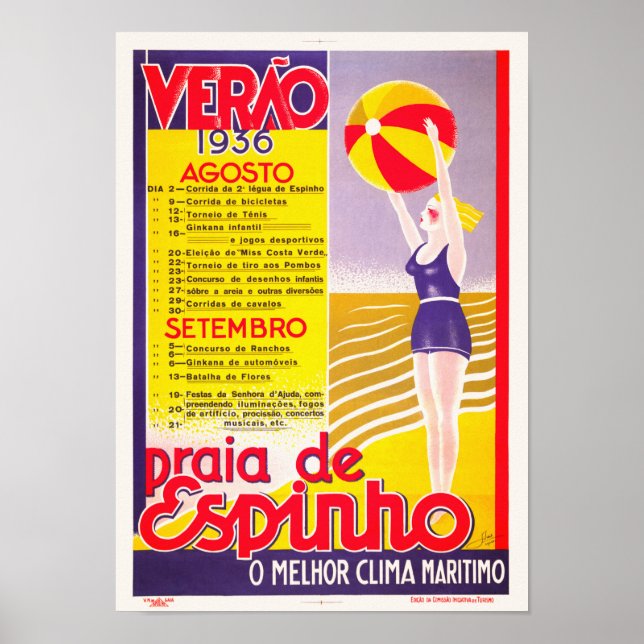 Póster Afiche de época de Praia de Espinho Verao Portugal (Frente)