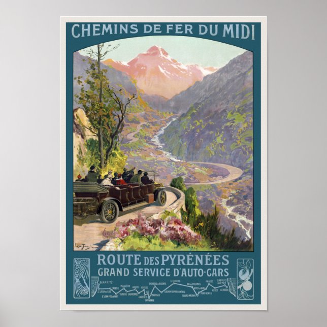 Póster Afiche de época de Route des Pyrénées France 1920 (Frente)
