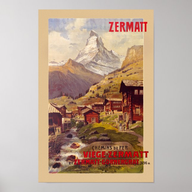 Póster Afiche de época de Zermatt Suiza 1900 (Frente)