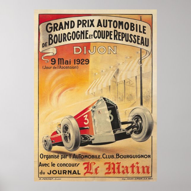 Póster Afiche de época del Gran Premio de Dijon de 1929 (Frente)