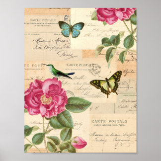 Póster Afiche de época elegante con rosas y mariposas