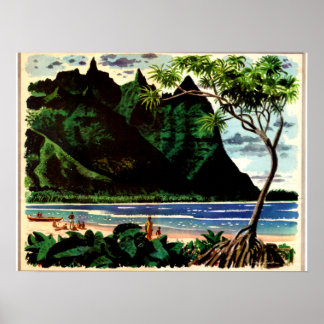 Póster Afiche de época, playa de Isla Tropical