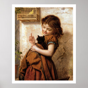 Póster Afiche de la cosecha de gatos y pájaros de chica