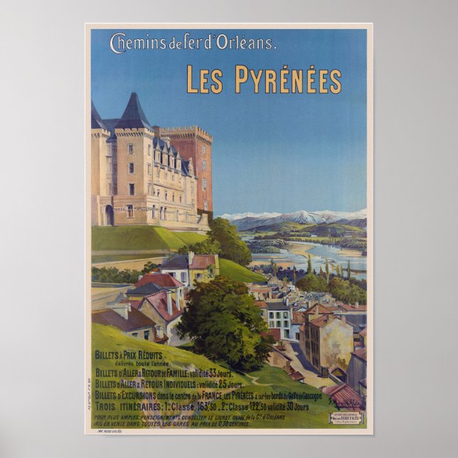 Póster Afiche de la época de Les Pyrénées France 1899 (Frente)
