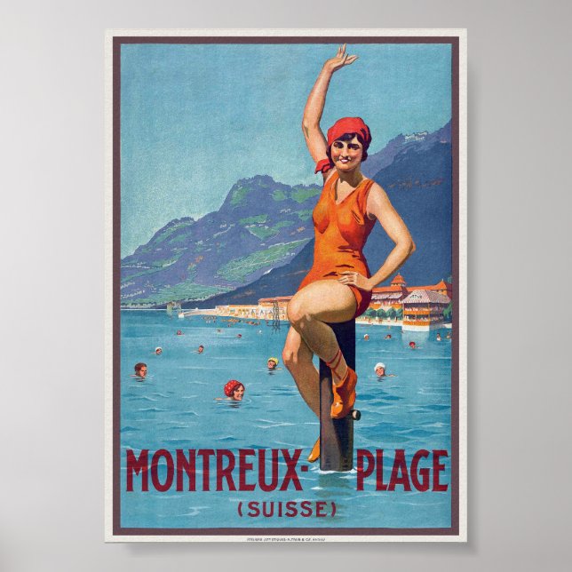 Póster Afiche de la época de Montreux Plage Suisse aprox. (Frente)