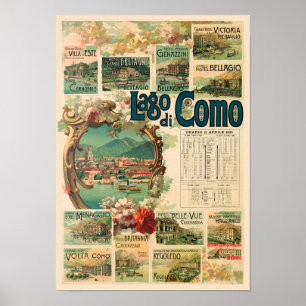 Póster Afiche de la época del Lago di Como Italia de 1893