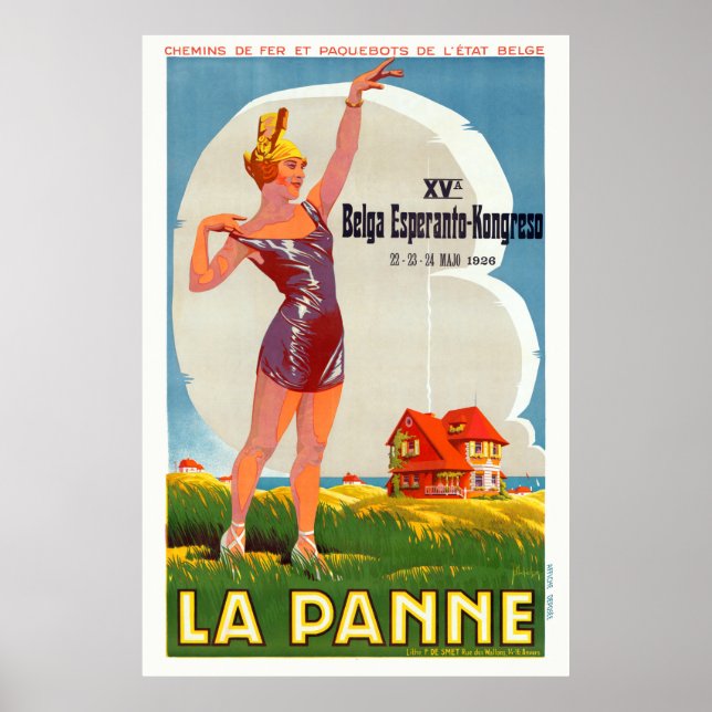 Póster Afiche de La Panne Belgium de época 1926 (Frente)