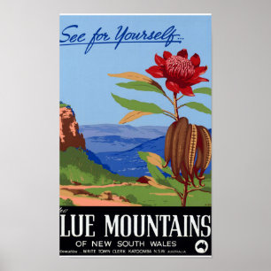 Póster Afiche de las montañas azules de Australia restaur