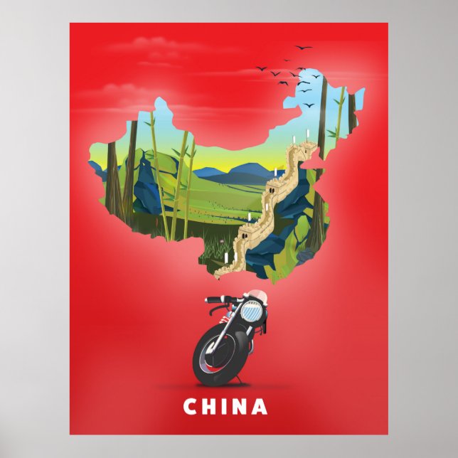 Póster Afiche de viaje con mapa ilustrado de China (Frente)