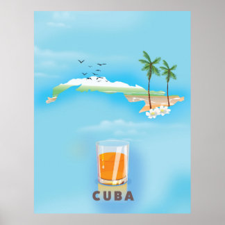 Póster Afiche de viaje con mapa ilustrado de Cuba