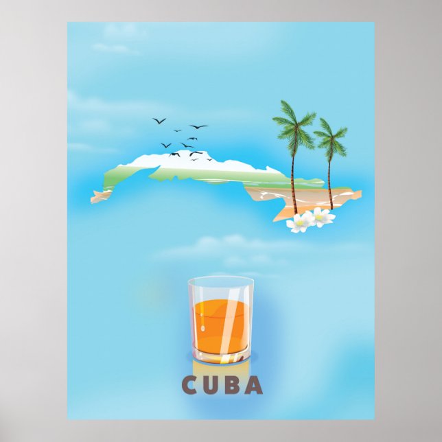 Póster Afiche de viaje con mapa ilustrado de Cuba (Frente)