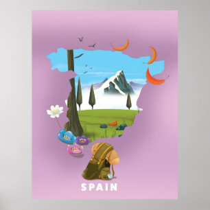 Póster Afiche de viaje con mapa ilustrado de España