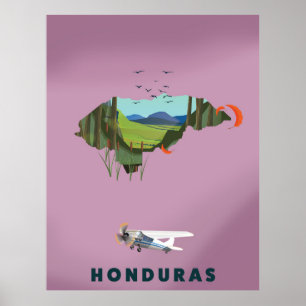 Póster Afiche de viaje con mapa ilustrado de Honduras