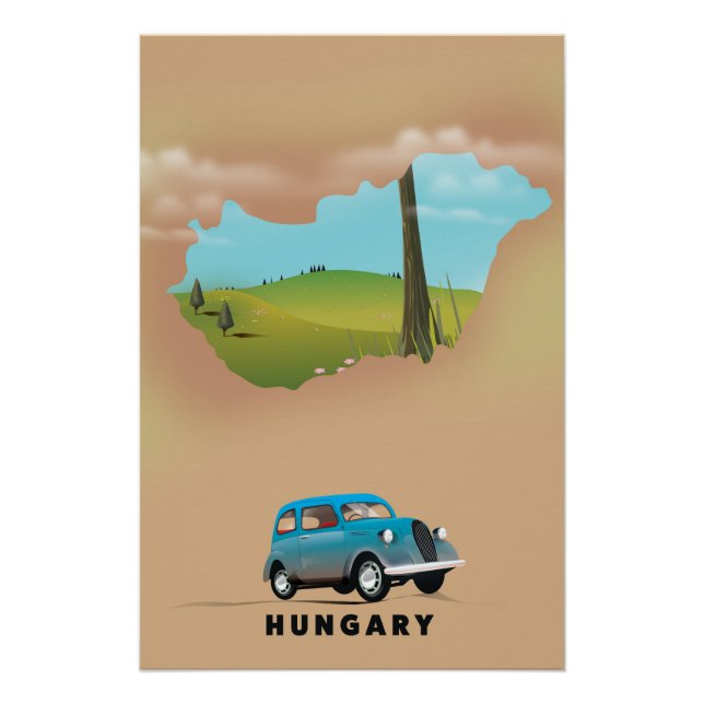 Póster Afiche de viaje con mapa ilustrado de Hungría (Anverso)