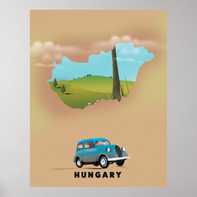 Póster Afiche de viaje con mapa ilustrado de Hungría (Frente)