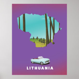 Póster Afiche de viaje con mapa ilustrado de Lituania