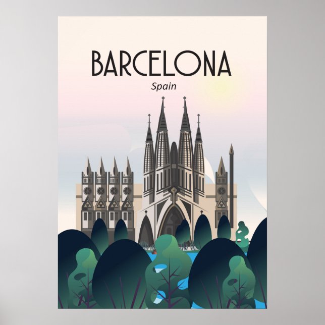 Póster Afiche de viaje de Barcelona España, impreso, (Frente)
