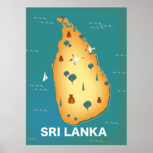 Póster Afiche de viaje de mapa de Sri Lanka