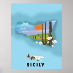 Póster Afiche de viaje de mapa ilustrado por Sicilia