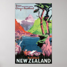 Póster Afiche de viaje de Nueva Zelanda en Isla del Sur