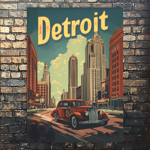 Póster Afiche de viaje de Retro Detroit Michigan
