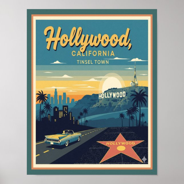 Póster Afiche de viaje de Retro Hollywood California (Frente)