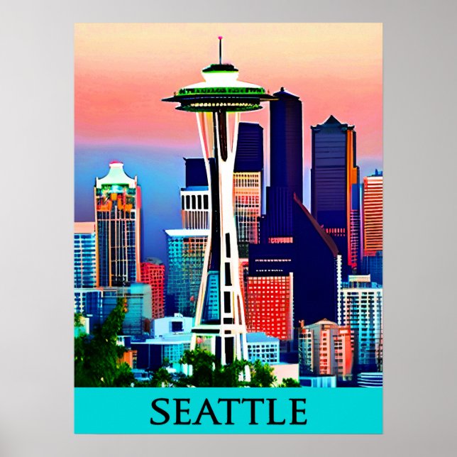 Póster Afiche de viaje de Seattle bajo la imagen del ciel (Frente)