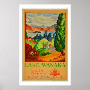 Póster Afiche de viaje de Vintage Lake Wanaka New Zealand