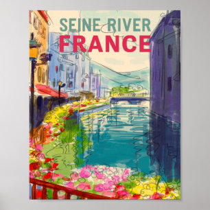 Póster Afiche de viaje de Watercolor Seine River France