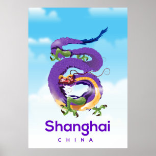 Póster Afiche de viaje del Dragón de China en Shanghai