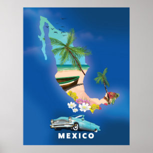 Póster Afiche de viaje del Ilustracion del Mapa de México