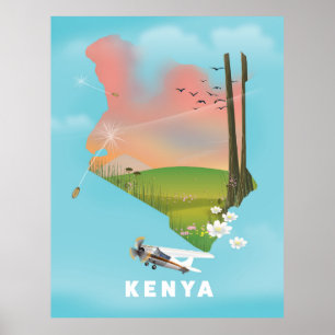 Póster Afiche de viaje del Ilustracion Mapa de Kenia.