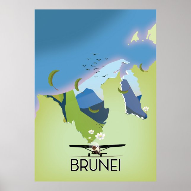 Póster Afiche de viaje del mapa de Brunei (Frente)