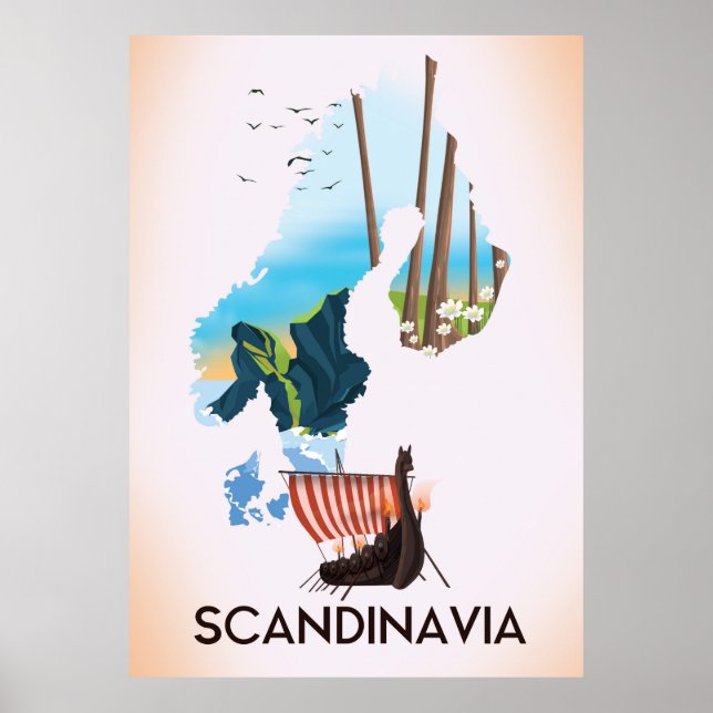 Póster Afiche de viaje del mapa de Escandinavia (Frente)
