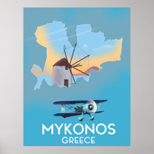 Póster Afiche de viaje del Mapa de Grecia de Mykonos