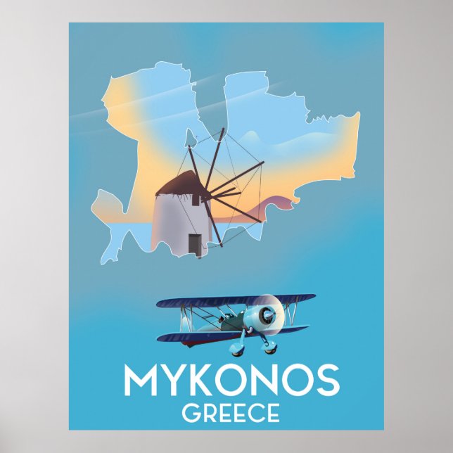 Póster Afiche de viaje del Mapa de Grecia de Mykonos (Frente)