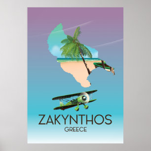 Póster Afiche de viaje del mapa de Grecia de Zakynthos