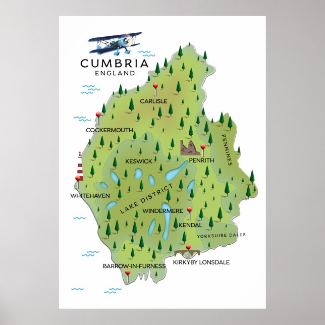 Póster Afiche de viaje del Mapa de Inglaterra de Cumbria. (Frente)