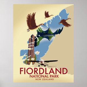 Póster Afiche de viaje del Parque Nacional Fiordland Nuev