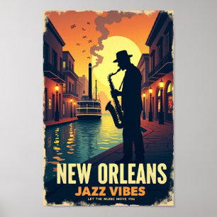 Póster Afiche de viaje del retro New Orleans Jazz Vibes