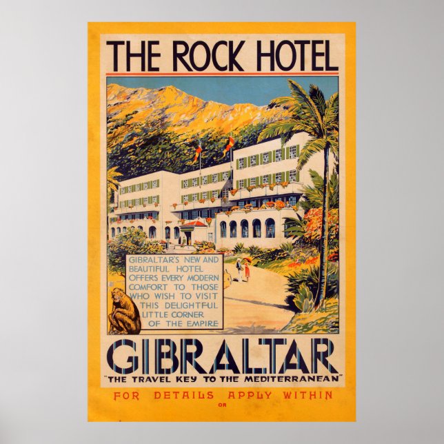 Póster Afiche de Viaje del Viejo Hotel The Rock Británico (Frente)