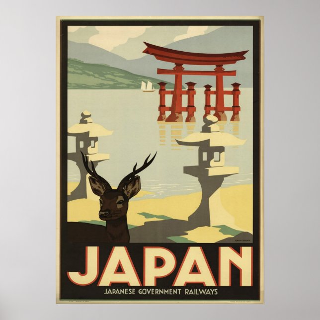 Póster Afiche de viaje del Viejo Japón Sika Deer,Torii Ga (Frente)