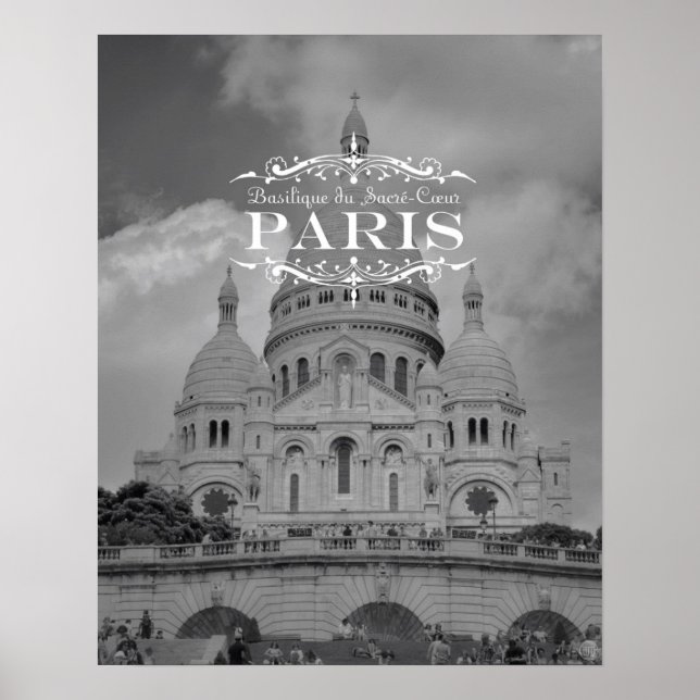 Póster Afiche de viaje en blanco y negro de París: Sacre  (Frente)
