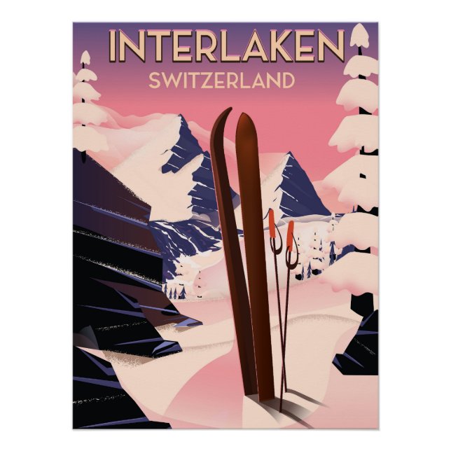Póster Afiche de viaje en esquí de Suiza Interlaken. (Anverso)