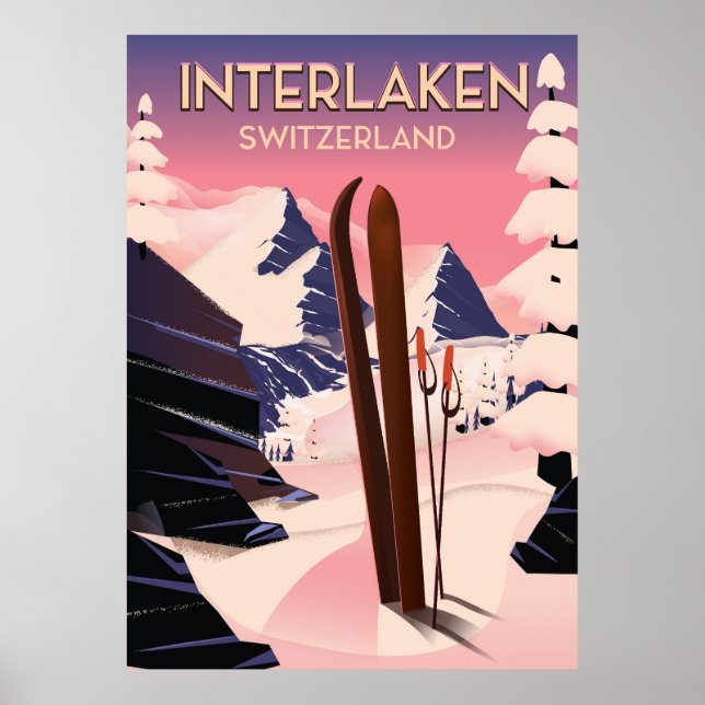 Póster Afiche de viaje en esquí de Suiza Interlaken. (Frente)