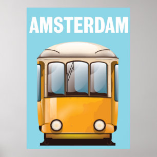 Póster Afiche de viaje en tranvía amarillo de Amsterdam