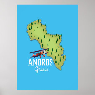 Póster Afiche de viaje ilustrado del mapa griego de Andro