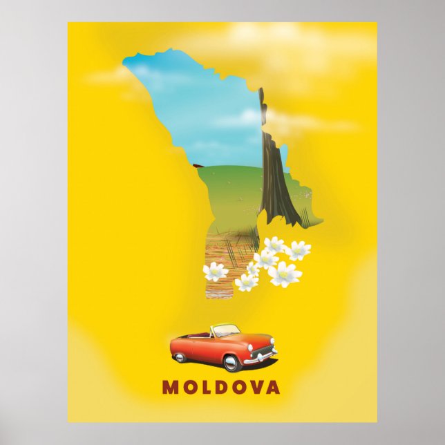 Póster Afiche de viaje ilustrado en el mapa de Moldavia (Frente)