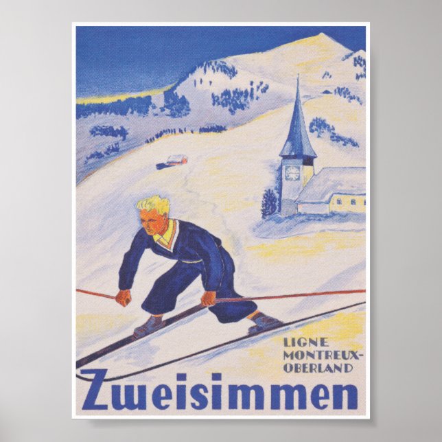 Póster Afiche de viaje para esquiar de época de Zweisimme (Frente)